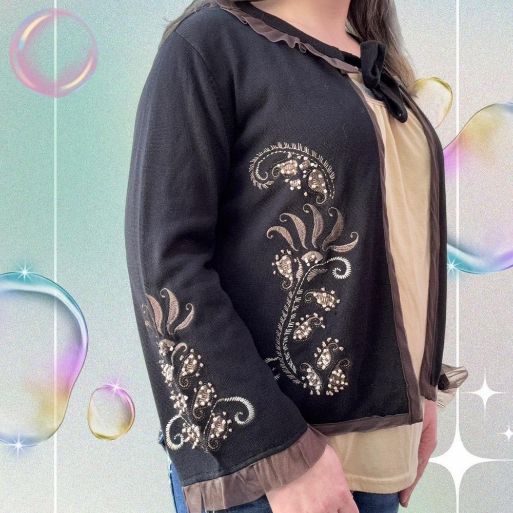 vtg 90s covelo western prairie boho cottage embroidered bow tie cardigan, sz lg